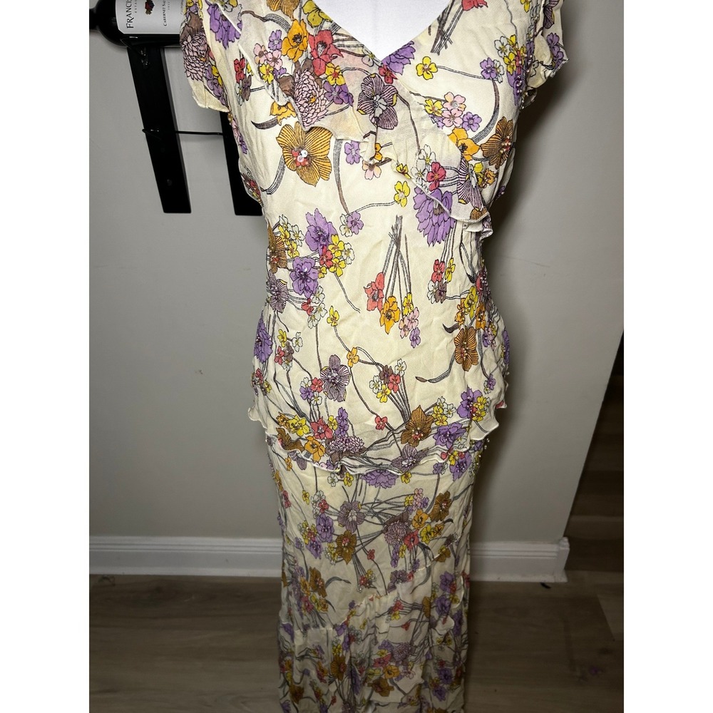 Lola P Floral Beaded 2PC Set Top Maxi Skirt Cream Yellow Purple Rayon Womens M